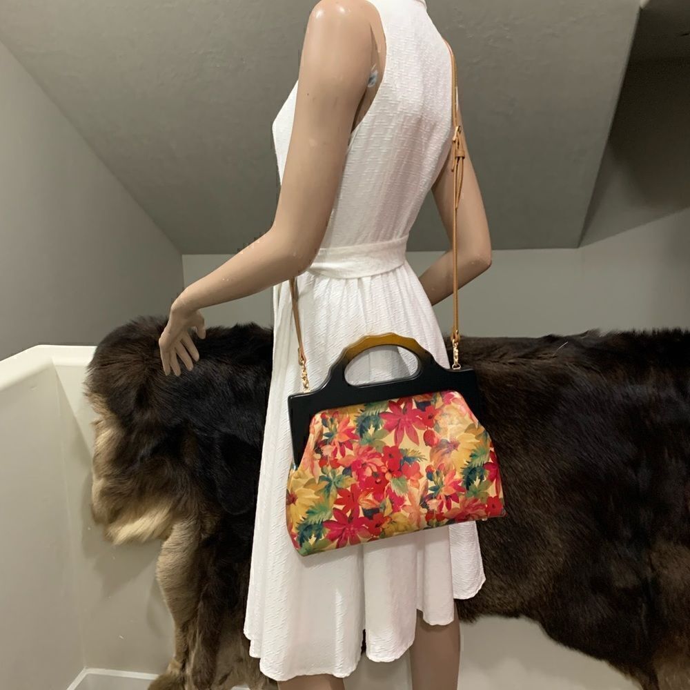 Handmade Genuine Leather Floral Print Large wooden Frame Bag & 2 Strap Styles - Picture 7 of 15